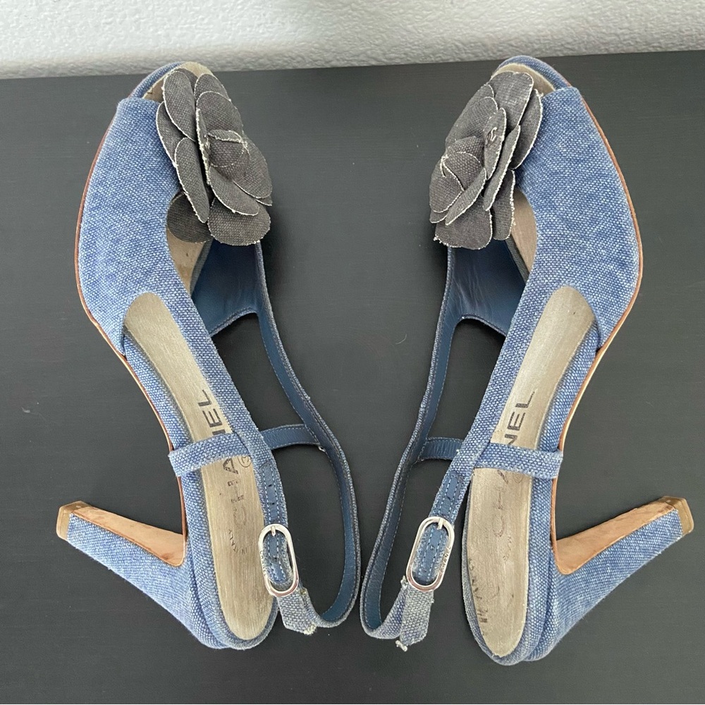 CHANEL Denim Camellia CC Logo Sandals Heels Open Toe Slingback 37.5 - Picture 5 of 16